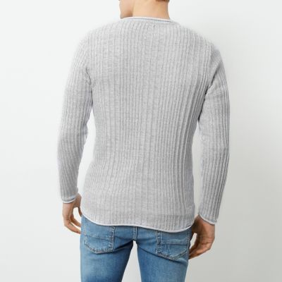 Light grey rib knit crew neck jumper